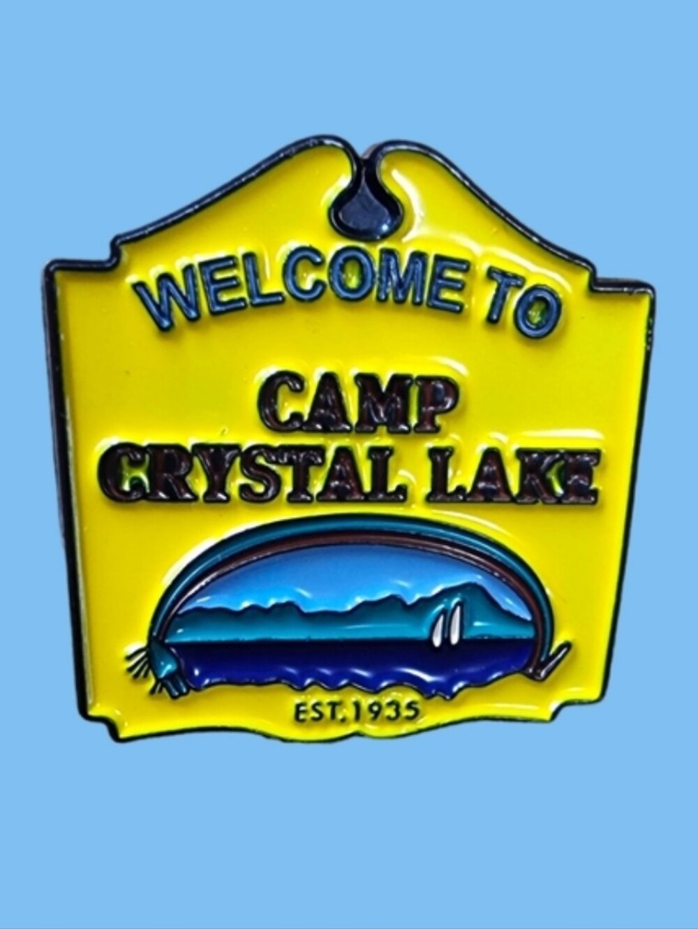 🆕️ Welcome to Camp Crystal Lake Yellow Enamel Lapel Pin Horror Friday The 13th